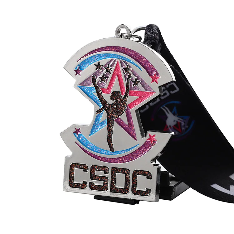 Manufacturers personalized soft enamel zinc alloy powders designs glitter effect dance competition silver medal