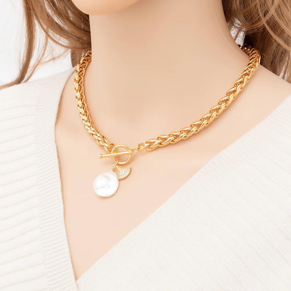 
Wholesale fashion jewelry bijoux boutique flat pearls 18k real gold plated stainless steel pendant necklace for women jewelry 