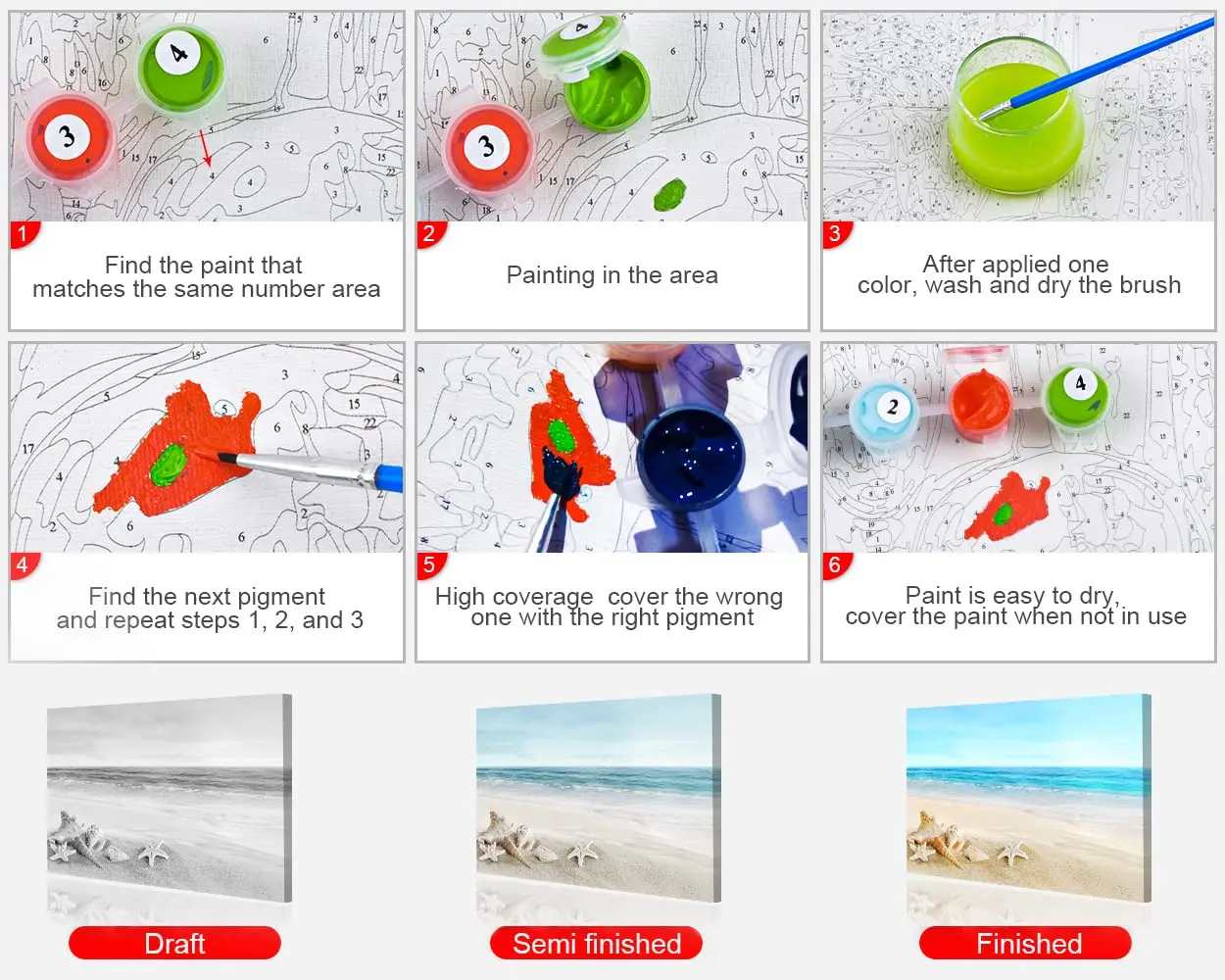 Painting By Numbers For Adults Kids Sea Beach Shell 16x20 inch Seascape Oil Painting Kits With Canvas Paint Brush Wall Decor