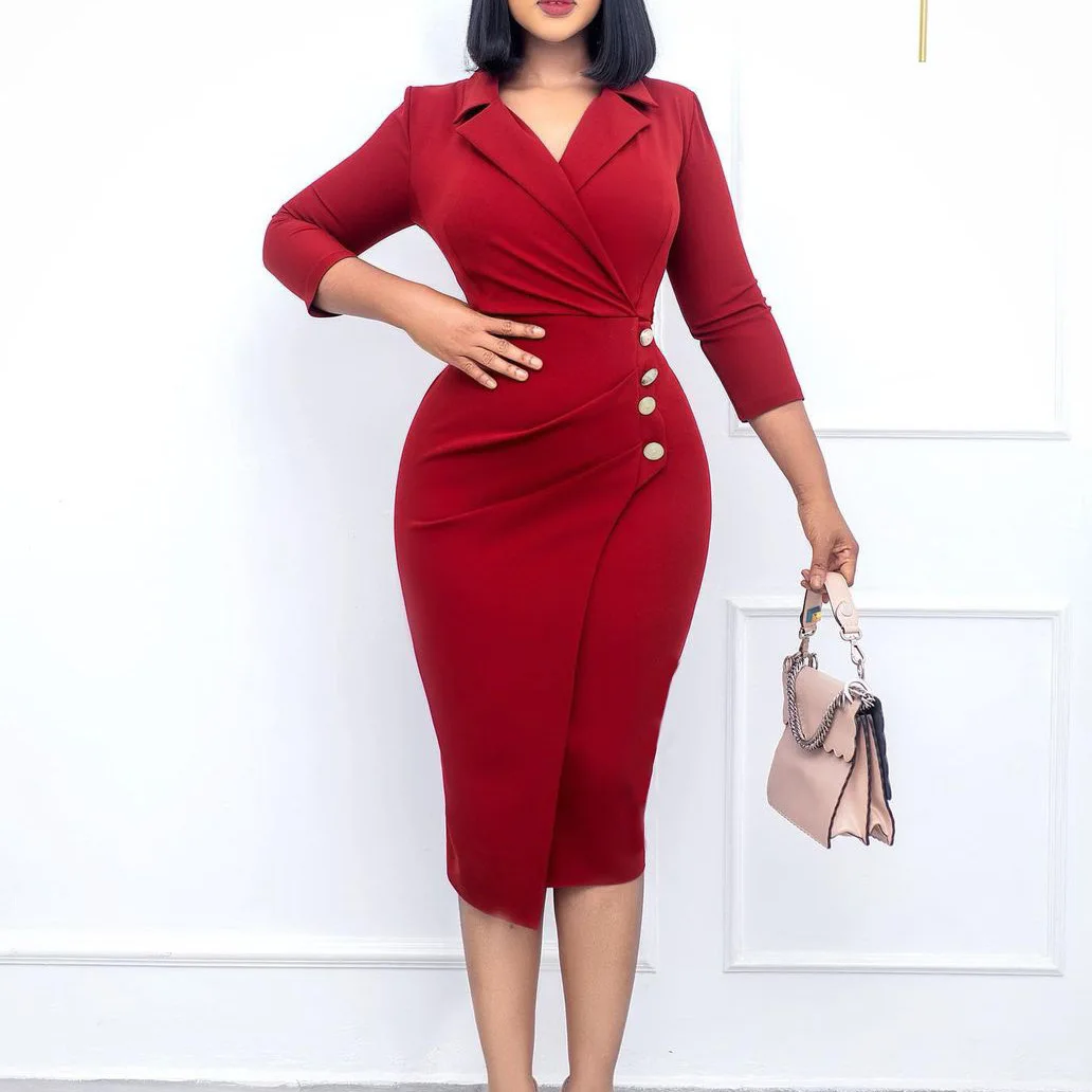 H3193 new arrivals hot red office lady stand collar slim fit skinny one piece set bodycon black pencil maxi dresses