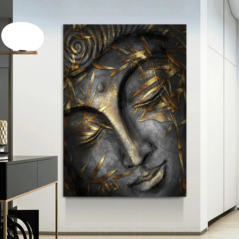 Gold Buddha Oil Painting Wall Canvas Art Decor Laughing Buddha Painting Gold Leaf Buddha Pictures for Living Room Bed