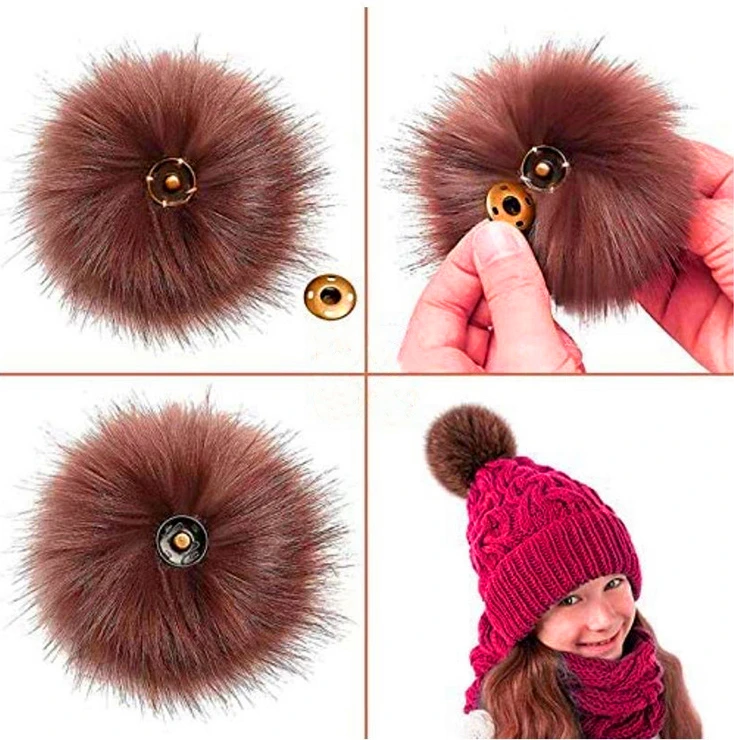 Factory wholesale DIY 15cm faux Fox fur pompoms for hats with snap Fake fur ball Pom Poms with Snap for cloth scarf beanie