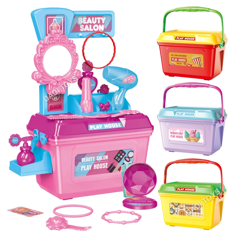 2 IN 1 Suitcase Plastic Tool Toys Pretend Play Preschool Supermarket Dessert Kitchen Set Toy Kids Makeup Set Doctor Toy Play Set