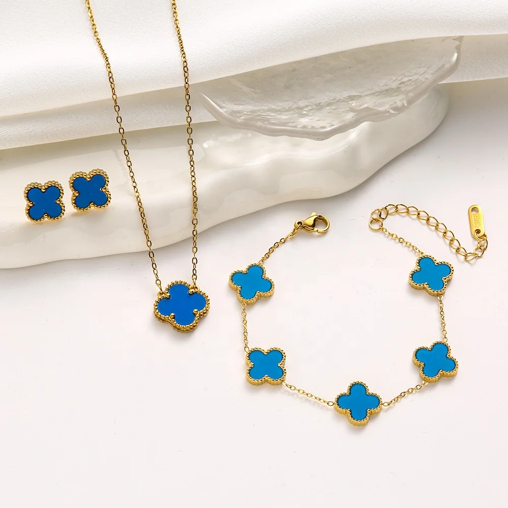 Dr. Jewelry 3Pcs Stainless Steel PVD 18K Gold Plated Waterproof Tarnish Free Zircon Four-leaf Clover Flower Jewelry Set for Her