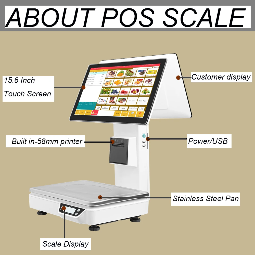 15.6 inch Dual Touch Screen POS System weighing Scale PC Scale All In One POS Scale with Printer