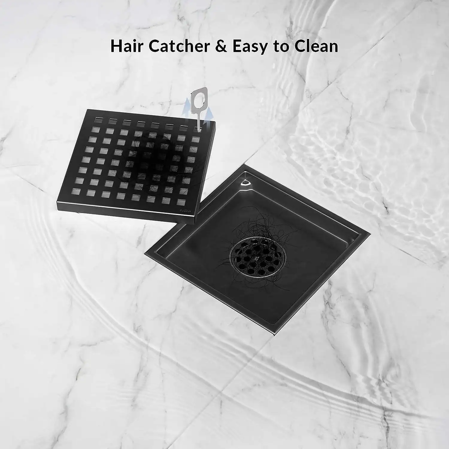 Stainless Steel Matte Bla 6 Inch Square Shower Drai Flow Shower Drain kit Floor Drain with Removable Grid Cover