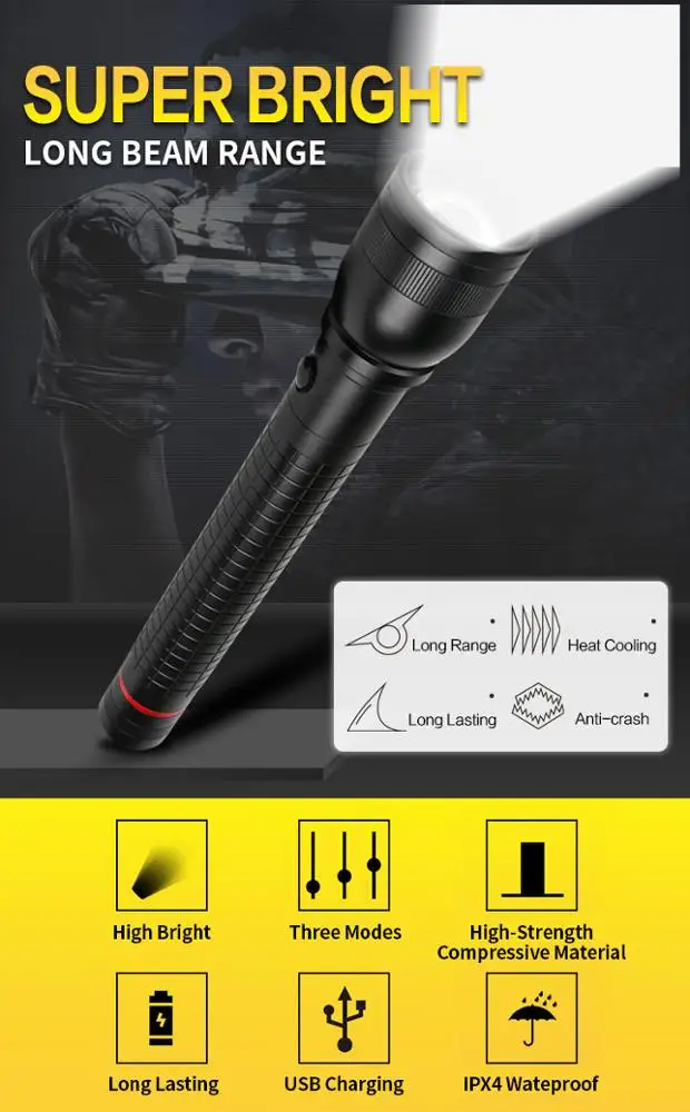 Power 1500lm Led Hand Torch Usb Flashlights, Multifunction Led Rechargeable Torch 1000 Meters15W Flashlights