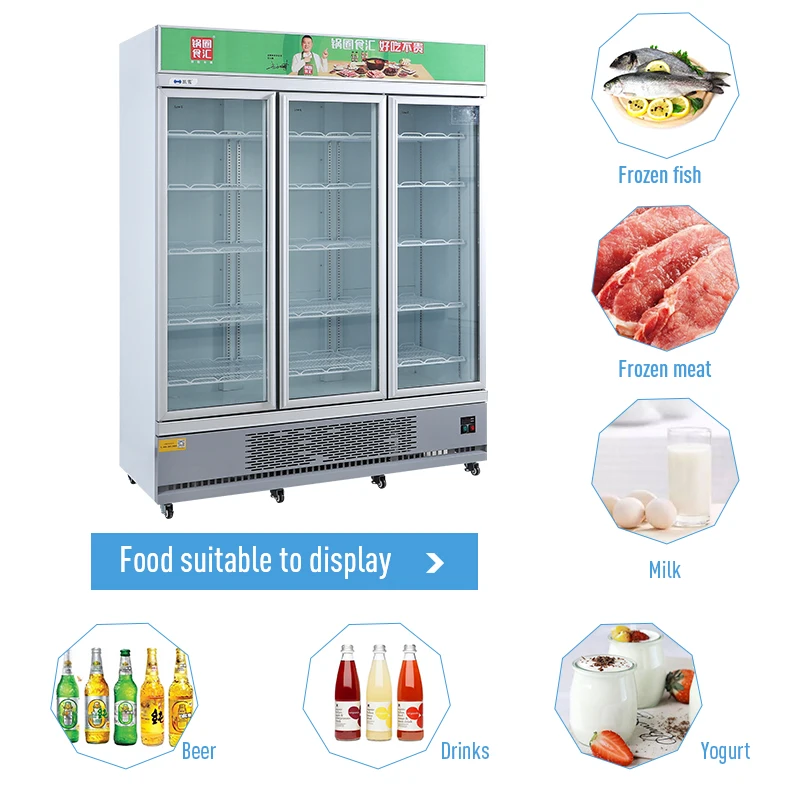 Supermarket upright transparent glass door showcase refrigerator for milk