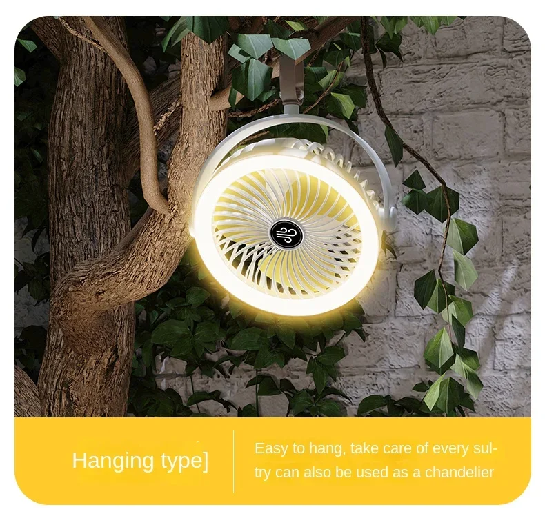 Summer Outdoor Camping Tripod Fan Portable USB Rechargeable Floor Fan Foldaable Cooling Fan With LED Lamp