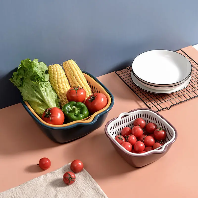 New kitchen household double-layer multi-functional fruit and vegetable filter cleaner plastic drain basket with handle