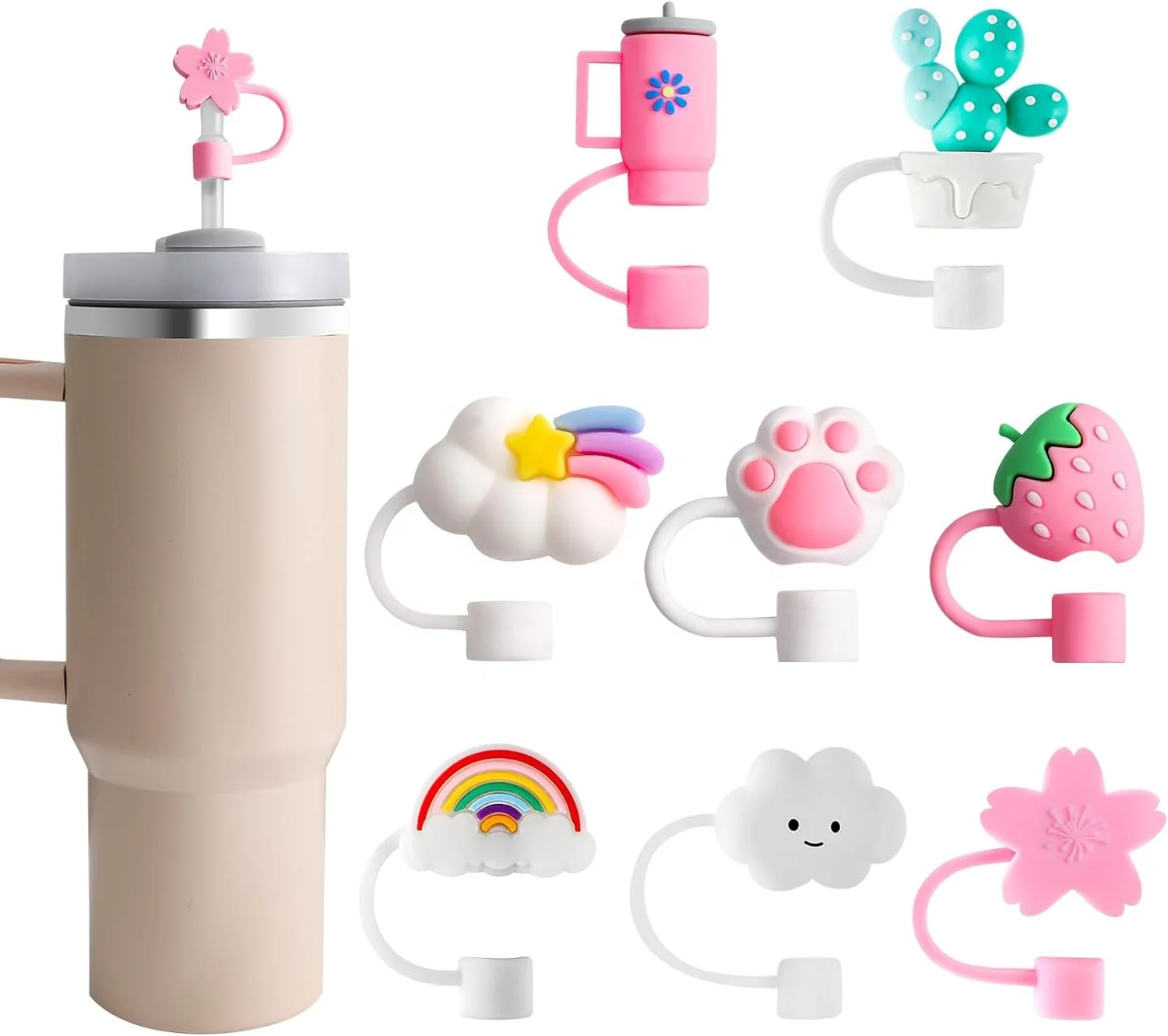 10mm Cute Silicone Cartoon Straw Tips Lids Covers Cap Charms Dust-Proof Drinking Reusable Straw Topper for Tumblers Cup