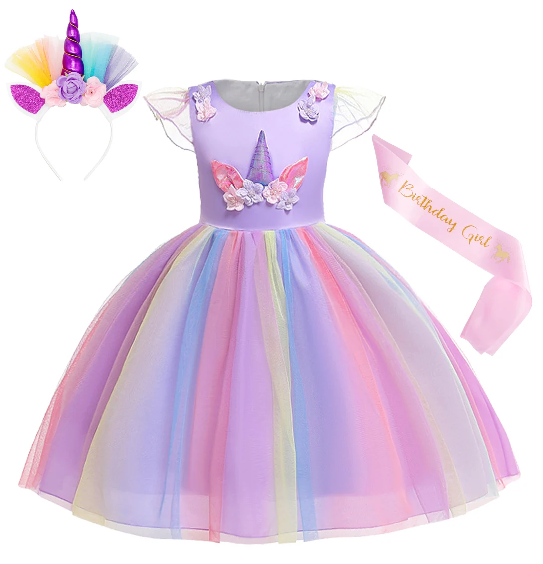 Cosplay  Chiffon Tutu Skirt Sweet Sleeveless Unicorn Girl Dress Child Skirt Christmas Dress Princess Dress with Headband
