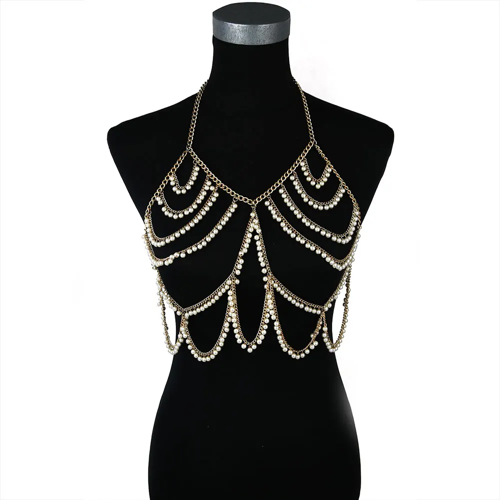 Pearl Body Chain Bra Chain Body Jewelry Belly Waist Chain for Women