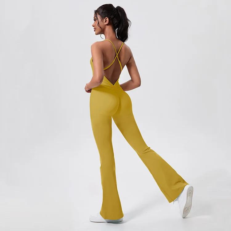 One Piece Flared Fitness Workout Bodysuit Hollow Out Sexy V Back Yoga Sets For Women Bodycon Fitness Yoga Sports Jumpsuit