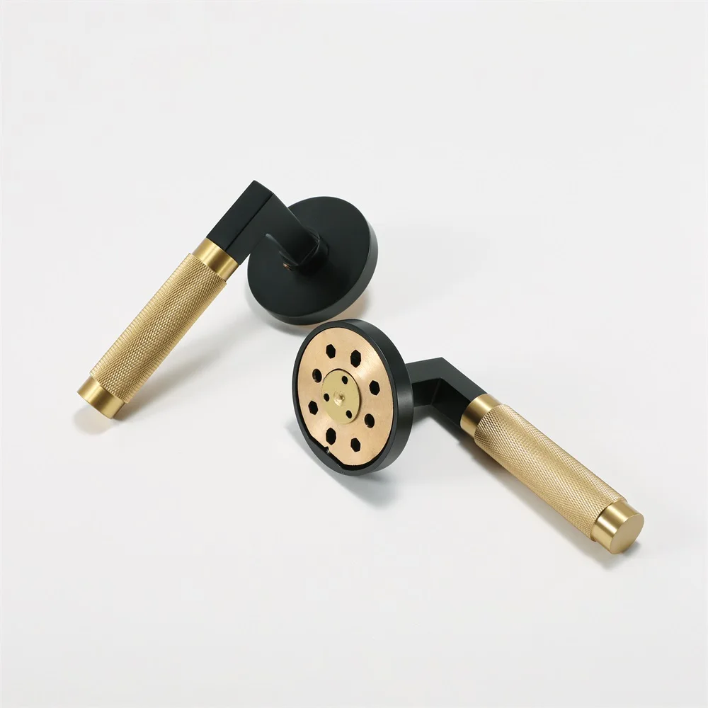 Golden Black Cross-knurled Solid Brass Door Handle Popular Luxury Brass American Interior Door Handle Lock Set Bedroom Bathroom