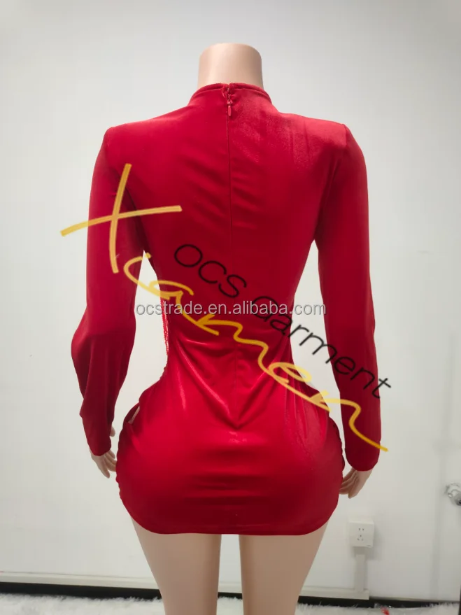 Ocstrade Ropa De Mujer Velvet Long Sleeve Rhinestone Min Birthday Dress Red Mesh See Through Elegant Evening Dress Club Party