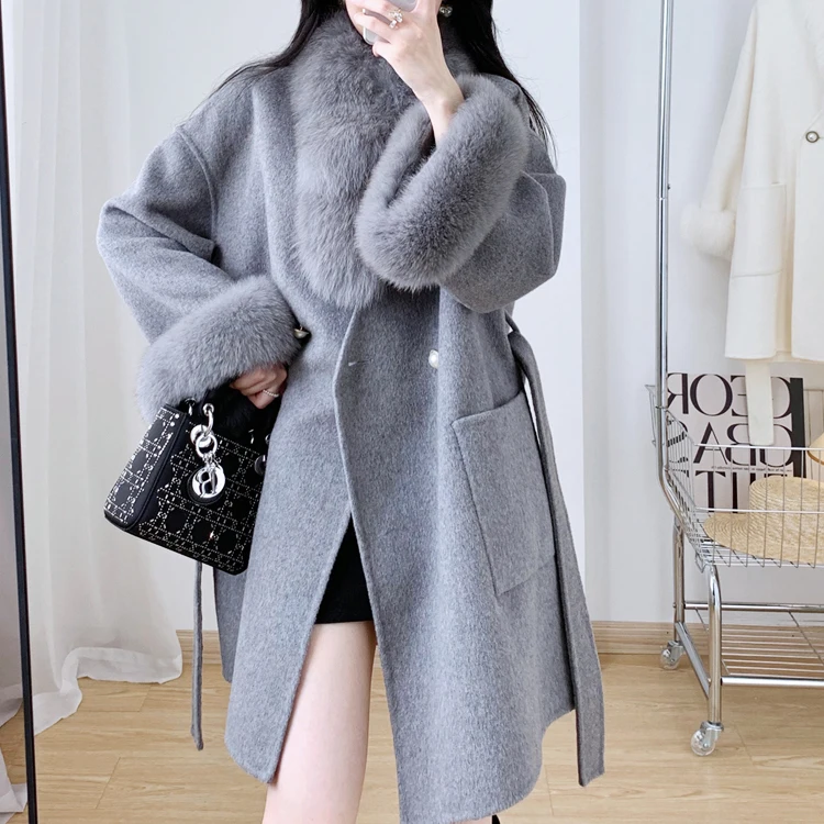Luxury Wholesale Winter Woolen Women Real Fox Fur Trim Wool Coat