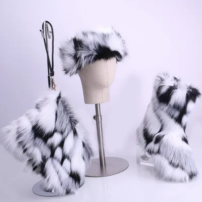 wholesale women real faux fluffy fur boots set  ladies high winter warm furry snow boots with matching purse and headband