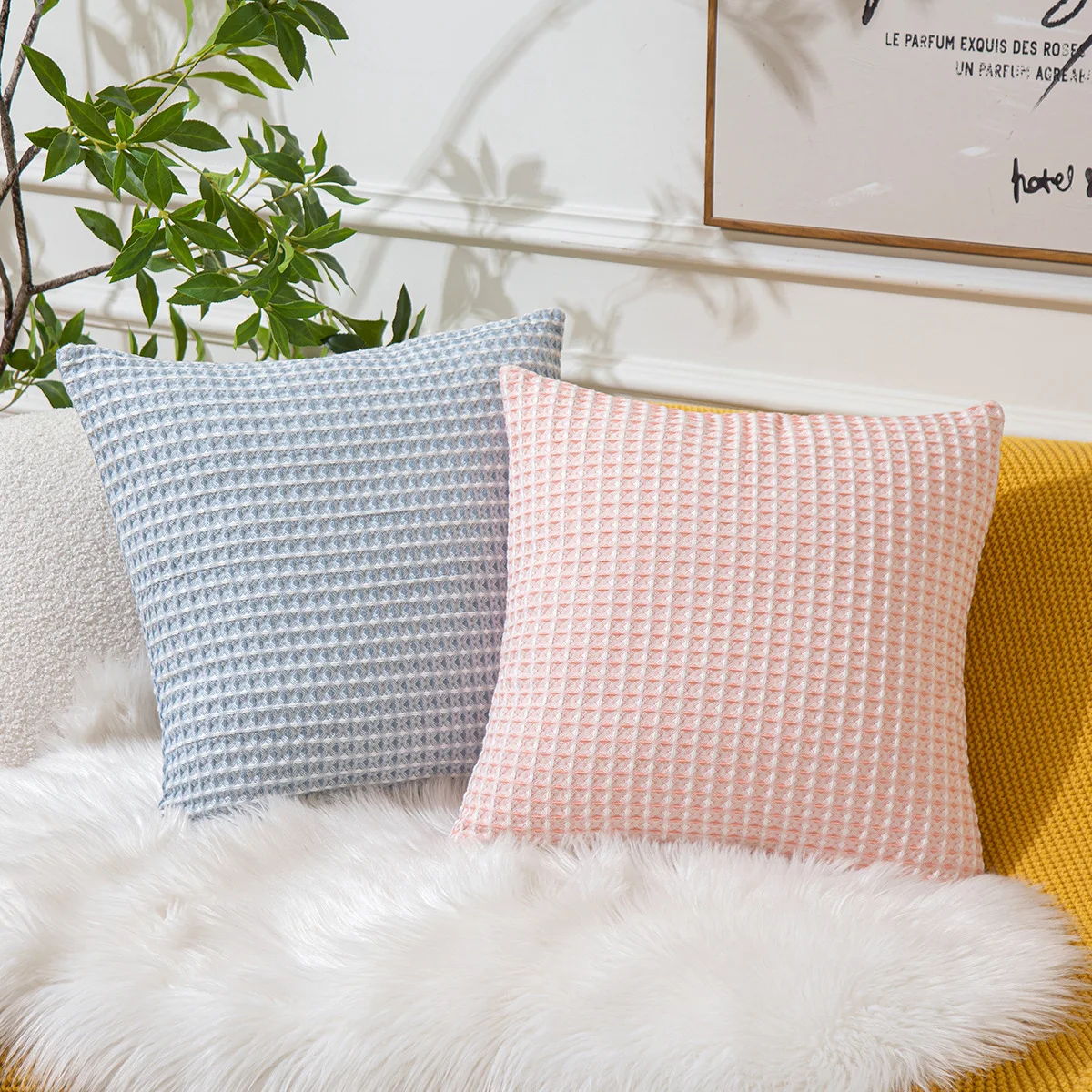 Elegant Home Decorative Cotton Waffle Textured Decorative Cushion Cover, Solid Color Throw Pillow Covers for Sofa Decor