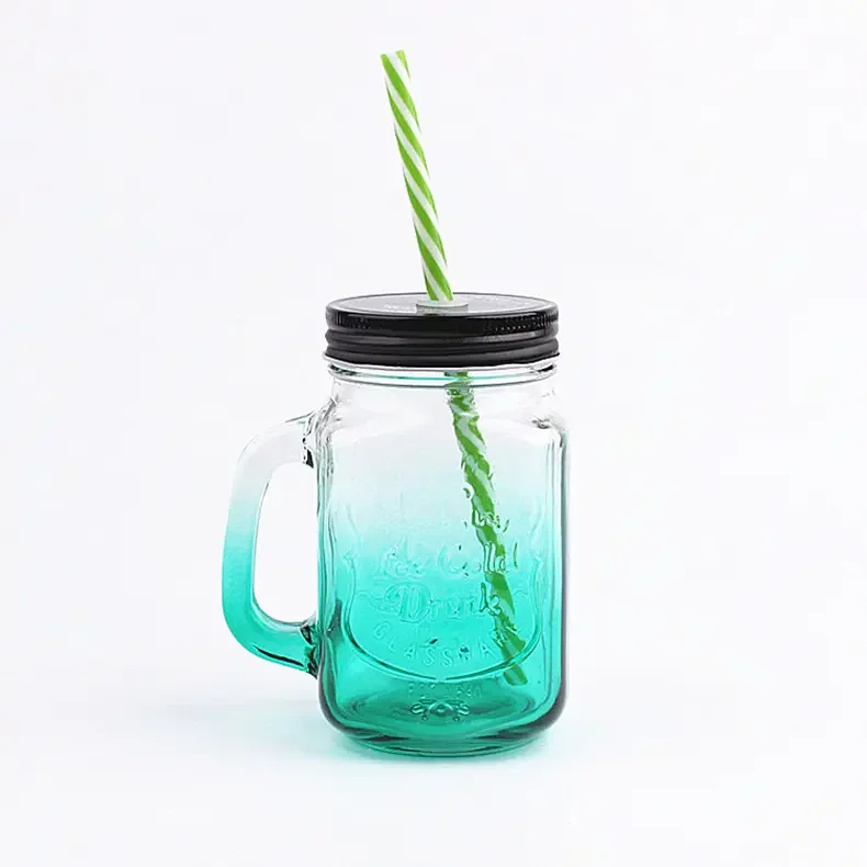 Free sample 500ml 16oz colored glass mason jar glass mason mug cup wide mouth  with lid and straw