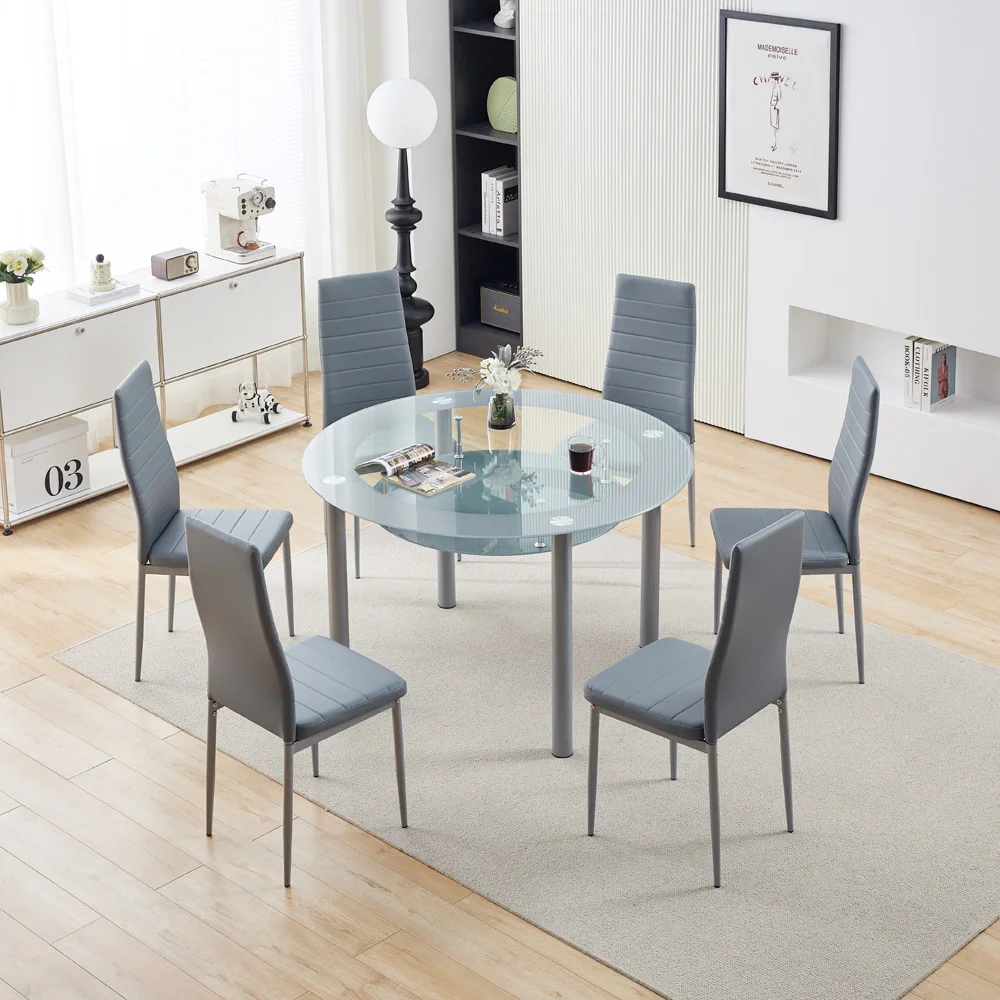 Round Glass Grey Kitchen Dining Table With Storage Shelf And 4 Grey Metal Chairs