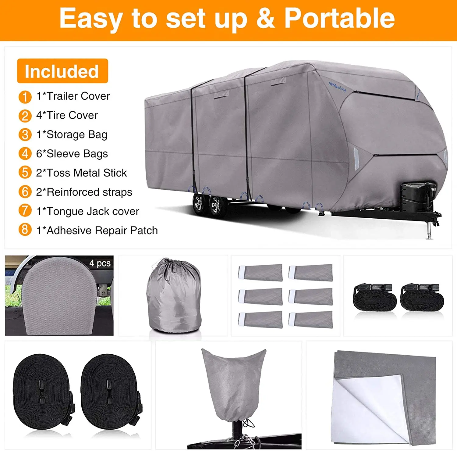 Heavy Duty 300D Top Windproof Travel Trailer Cover for RV Motorhome luxury  Camper Covers, Tongue Jack Cover, 37 ft