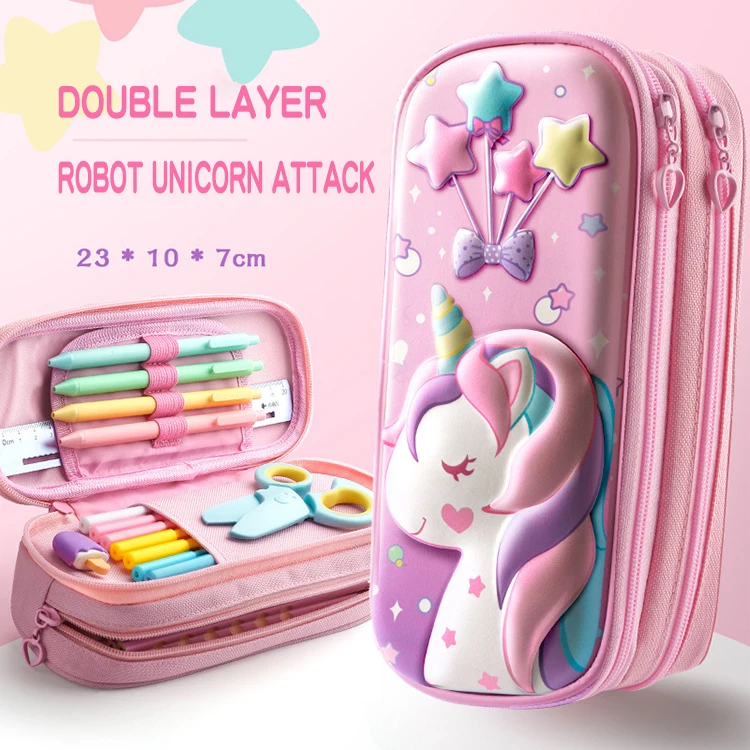 P01 3d eva cute cartoon student double-layer kids stationery box unicorn pencil case