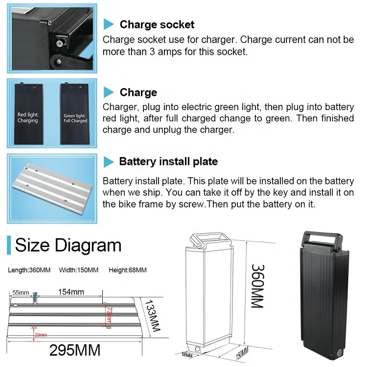 
Rear Rack Type 48V 18Ah 1000W Electric Bike Li-ion Battery Pack with 2A Charger 