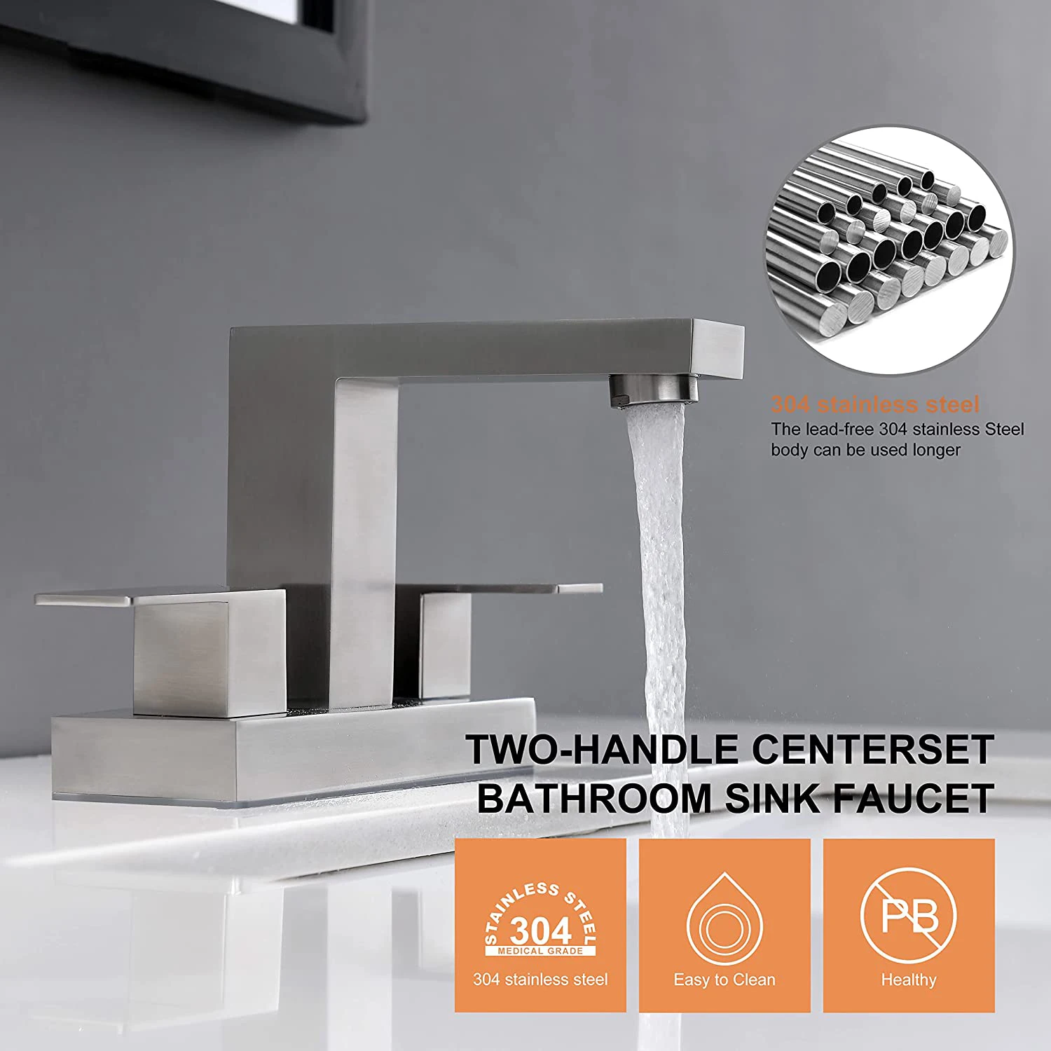 Aquacubic Two-Handle Centerset Brushed Nickel Bathroom tap Bathroom Sink Vanity Faucet