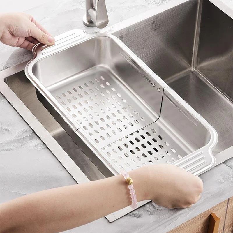 304 Stainless Steel Retractable Kitchen Sink Basket Colander Strainer Organizer Dish Drainer Drying Rack Basket