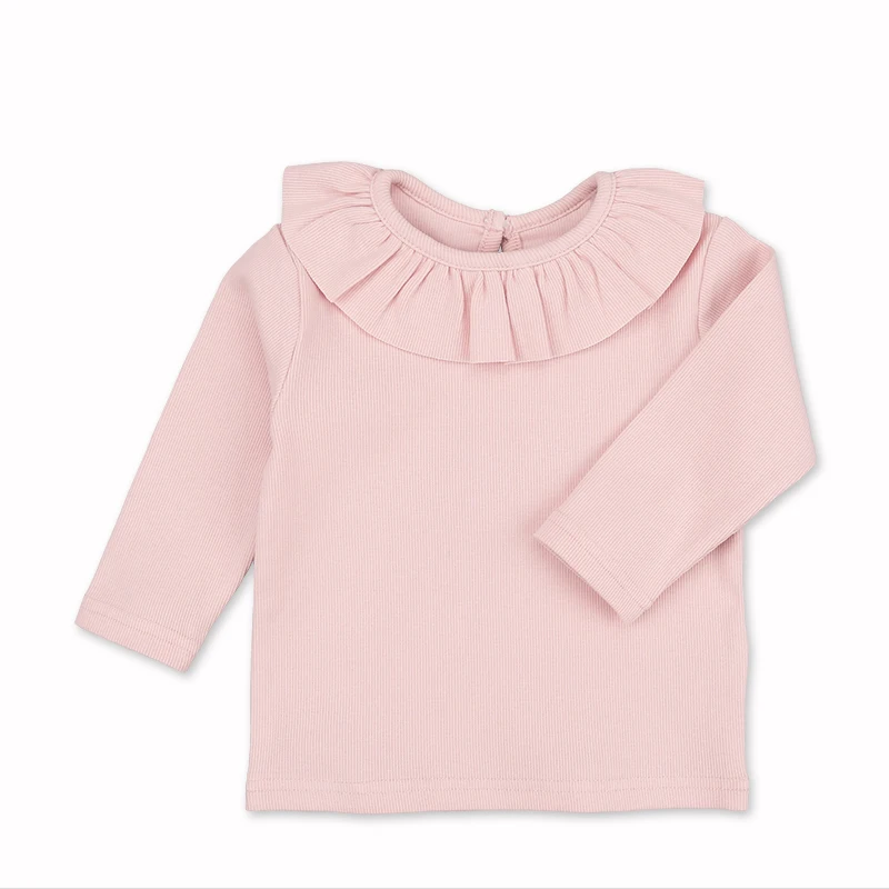 China supplier long sleeve girls tops  t shirt cotton children clothes ruffle neck tshirt wear