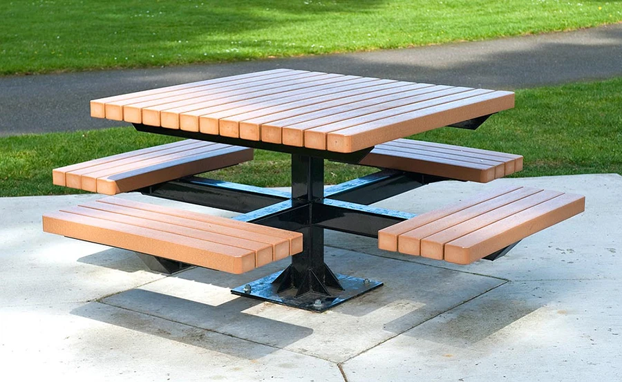 outdoor commercial inground mount pedestal picnic table large capacity recycled plastic wood picnic table in steel or wood