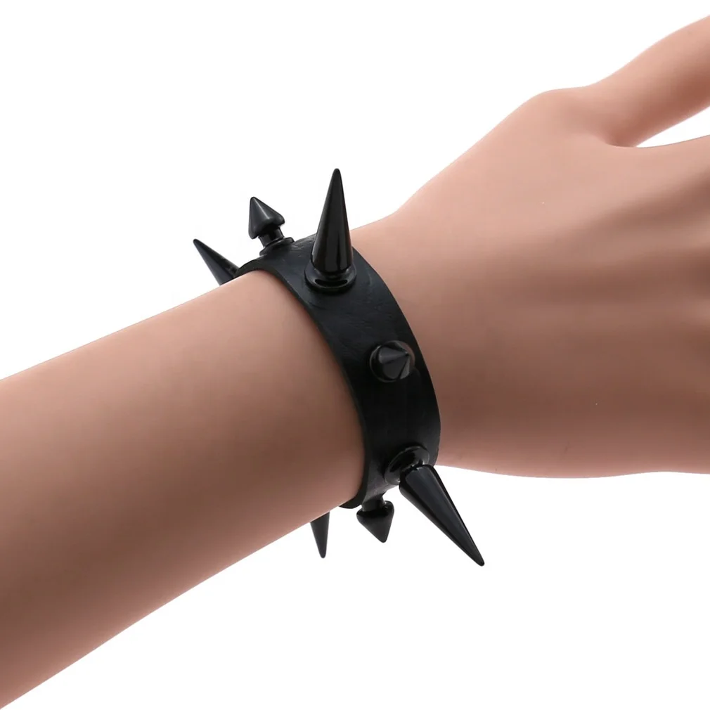 Punk Gothic Black Spikes Nail Rivet Leather Unisex Bangle Bracelet