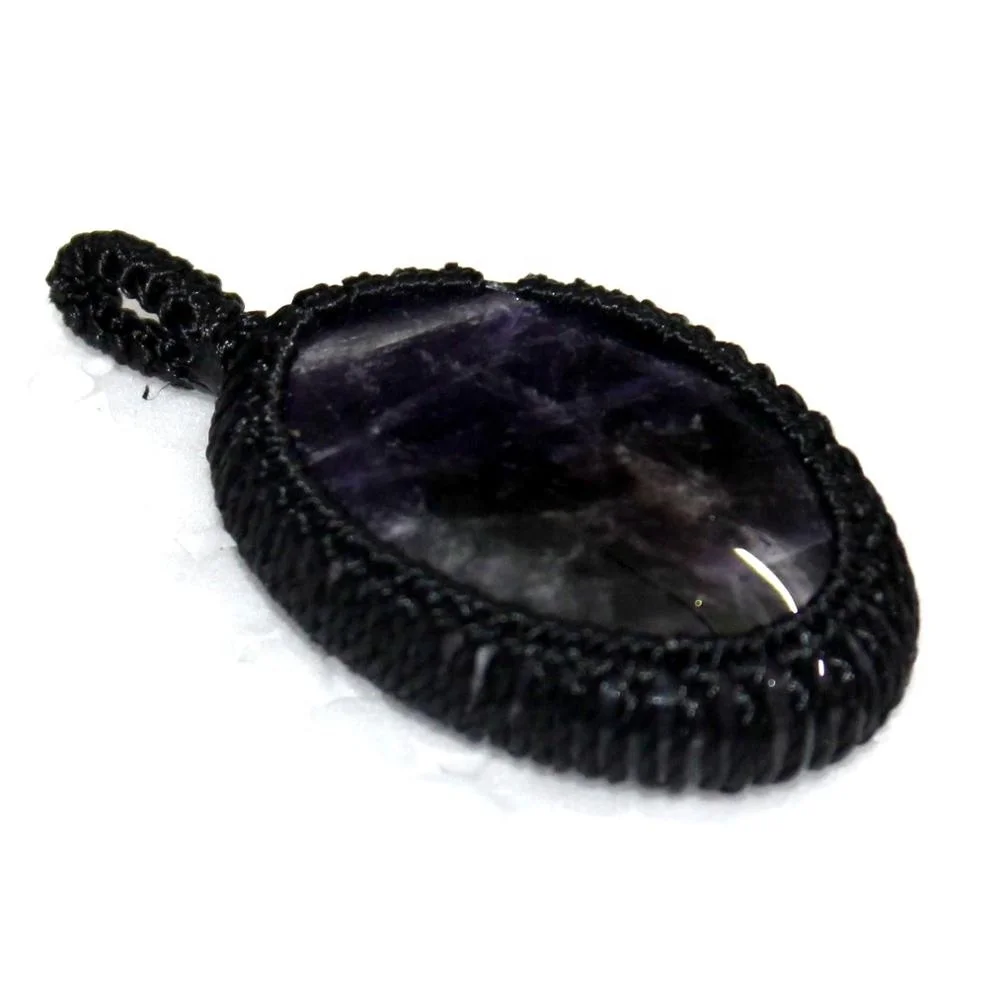 Chevron Banded Amethyst Oval Cabochon Macrame Cord Wrap Pendant Piedras Naturales Healing Crystal Stones