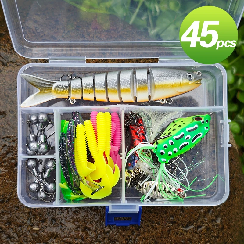 Fishing Lure Set 45piece Frog Minnow Crank Worm Bait Shrimp Spoon Fishing Accessories Combo Kit