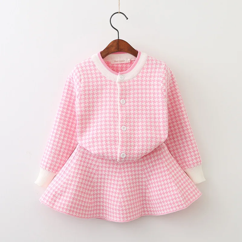 Girls Houndstooth Knit Set Black and White Plaid 2019 New Korean  Long Sleeve Sweater Cardigan Skirt 2 Pieces Children Set