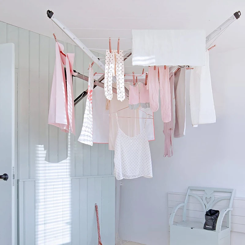 Folding Clothes Drying Rack Large Drying Space Wall Mounted Aluminum Outdoor Clothing Single Bathroom Clothing Organizer Polygon