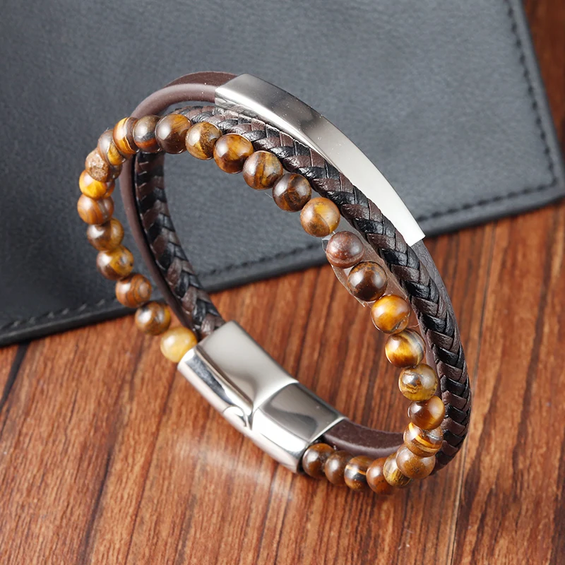 Professional Jewelry Custom Wholesale Daily Wear Natural Stone Beaded Genuine leather Stainless Steel Magnetic Clasp Bracelet