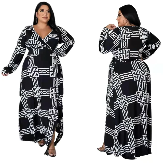 Fall 2021 New Arrivals Autumn Fashionable Elegant Digital Print Sexy Waist Maxi Dress Casual Dresses Women Plus Size
