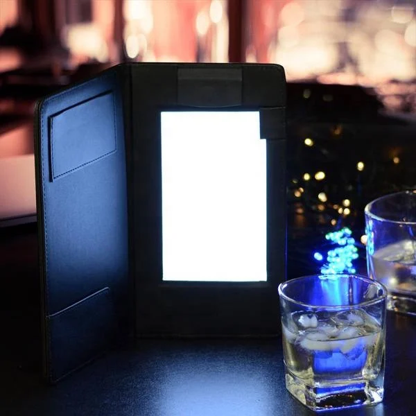 Rechargeable LED check presenter in black plain PU leather LED bill folder leather  with LED light for nightclub