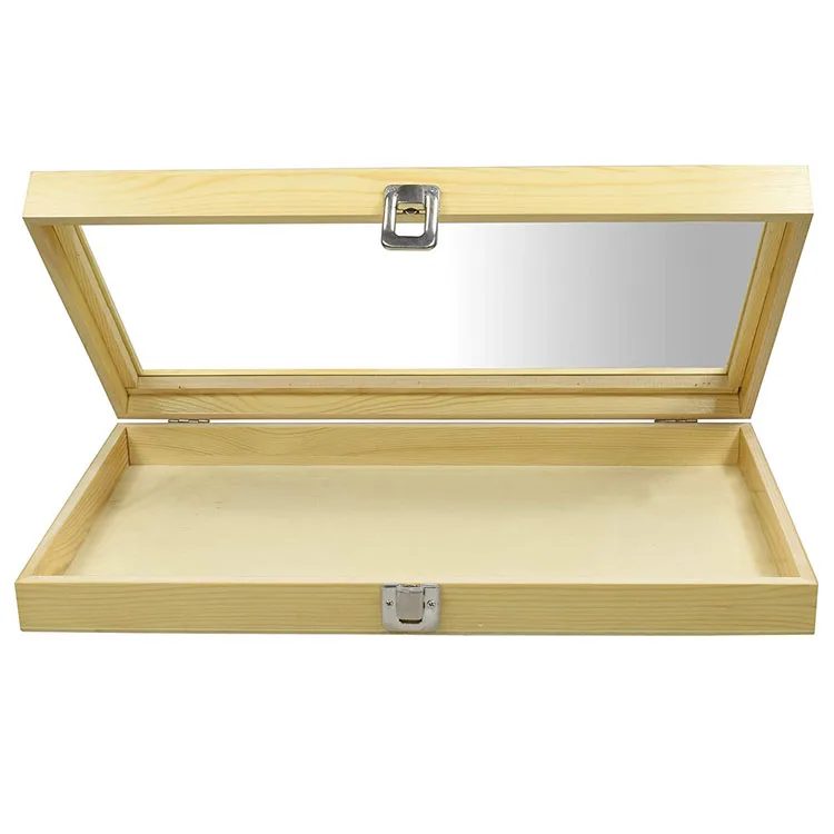Wooden Jewelry box for Collectibles, wooden display case, Home Organization Box with Metal Clasp and Tempered Glass Top Lid