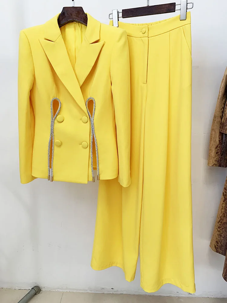 A8114 Luxury Yellow Women Two Pieces Suits Plus Size Cutout Ladies Two Pieces Business Suits