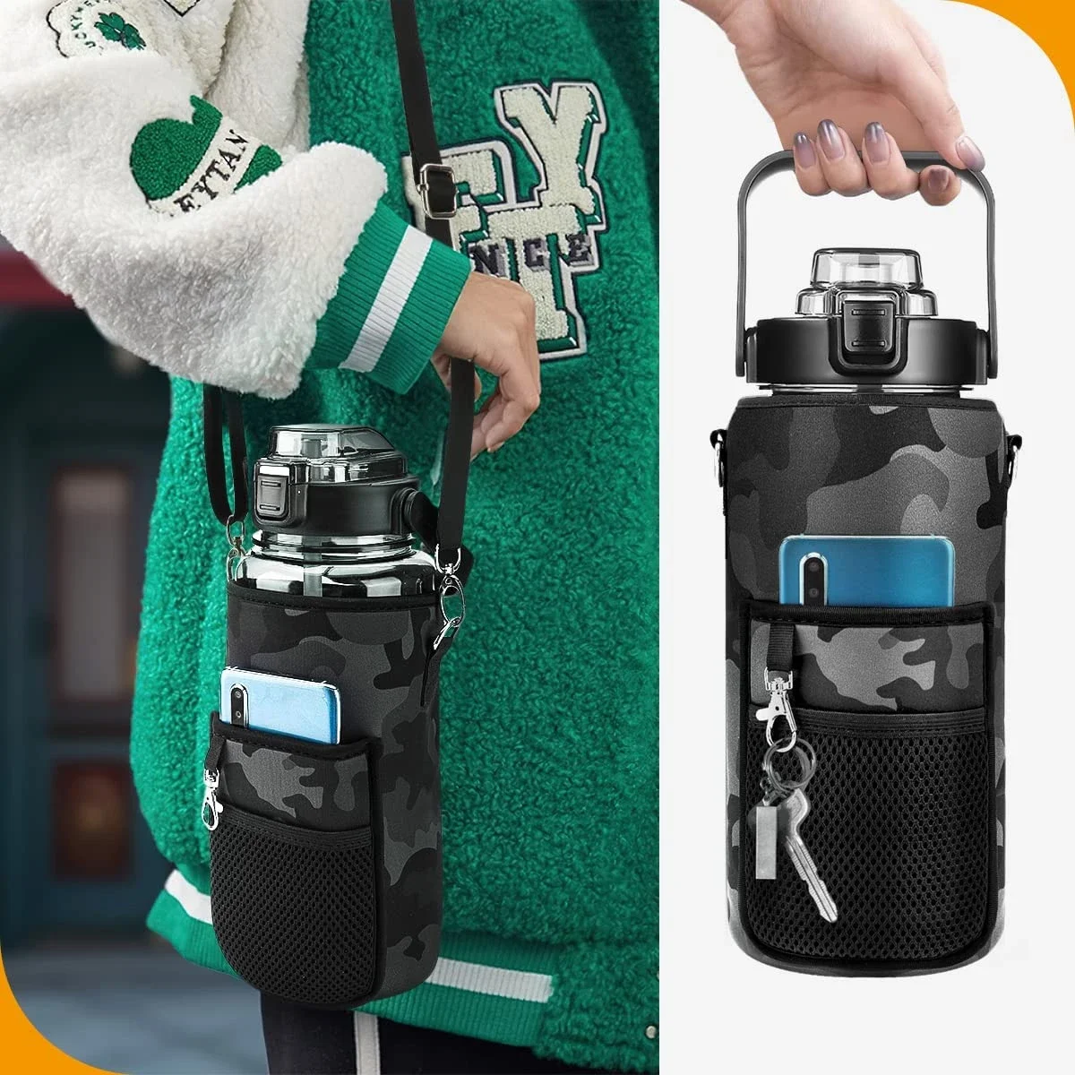 2L Plastic Water Bottle With Protective Storage Sleeve And Strap Carrier Bag 64oz