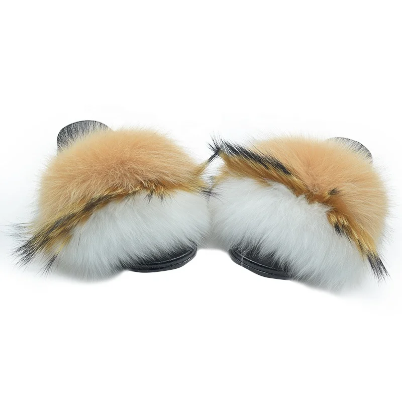 Прямая поставка, пушистые тапочки, пушистые сланцы из натурального меха енота, лисы для женщин