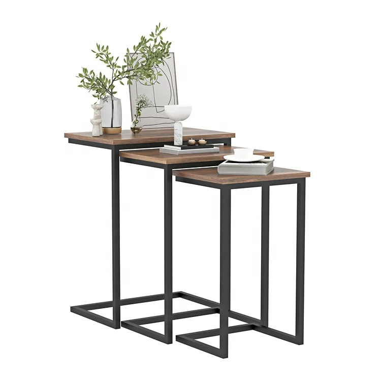 Classic modern c shape 3 piece living room furniture sofa side end wood simple coffee table set