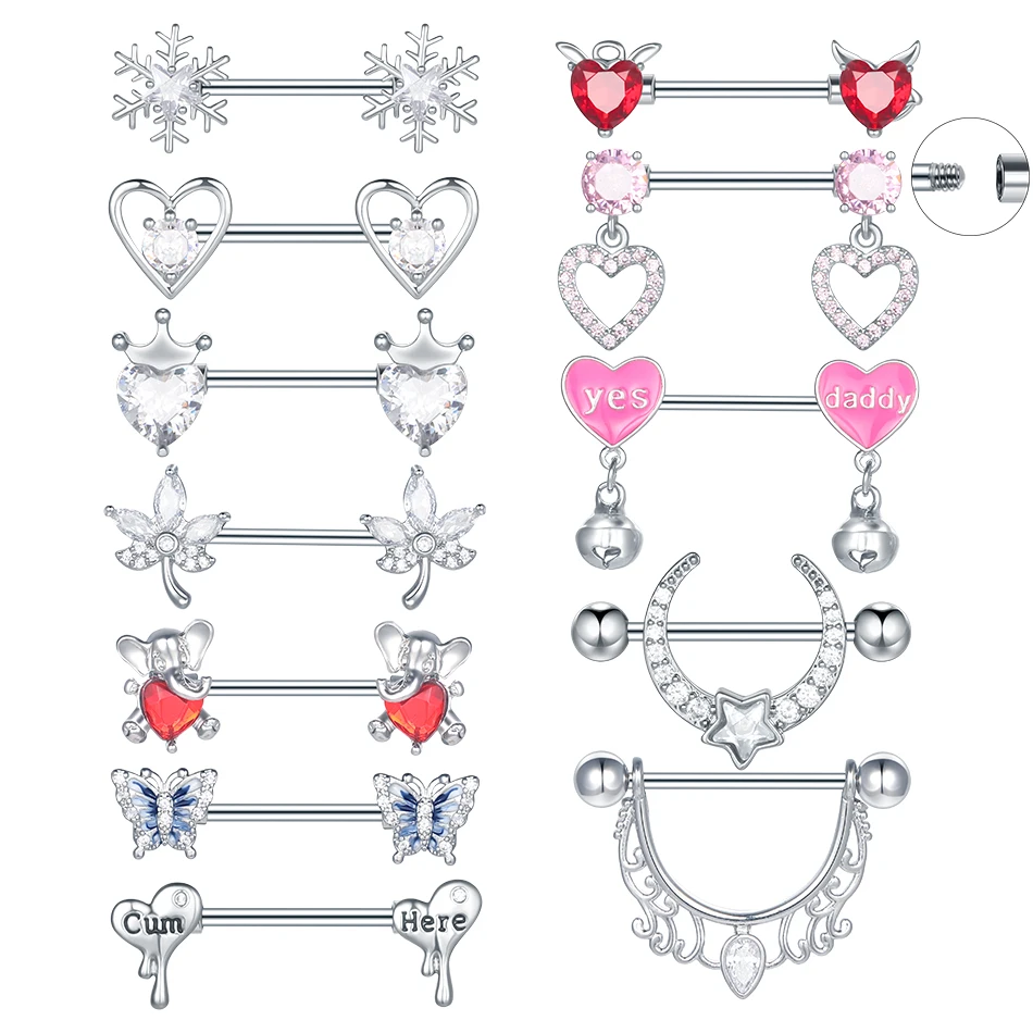 Wholesale New Sexy Medical Steel Body Nipple Piercing Stainless Steel Zircon Crystal 14G Y2K Nipple Ring Jewelry