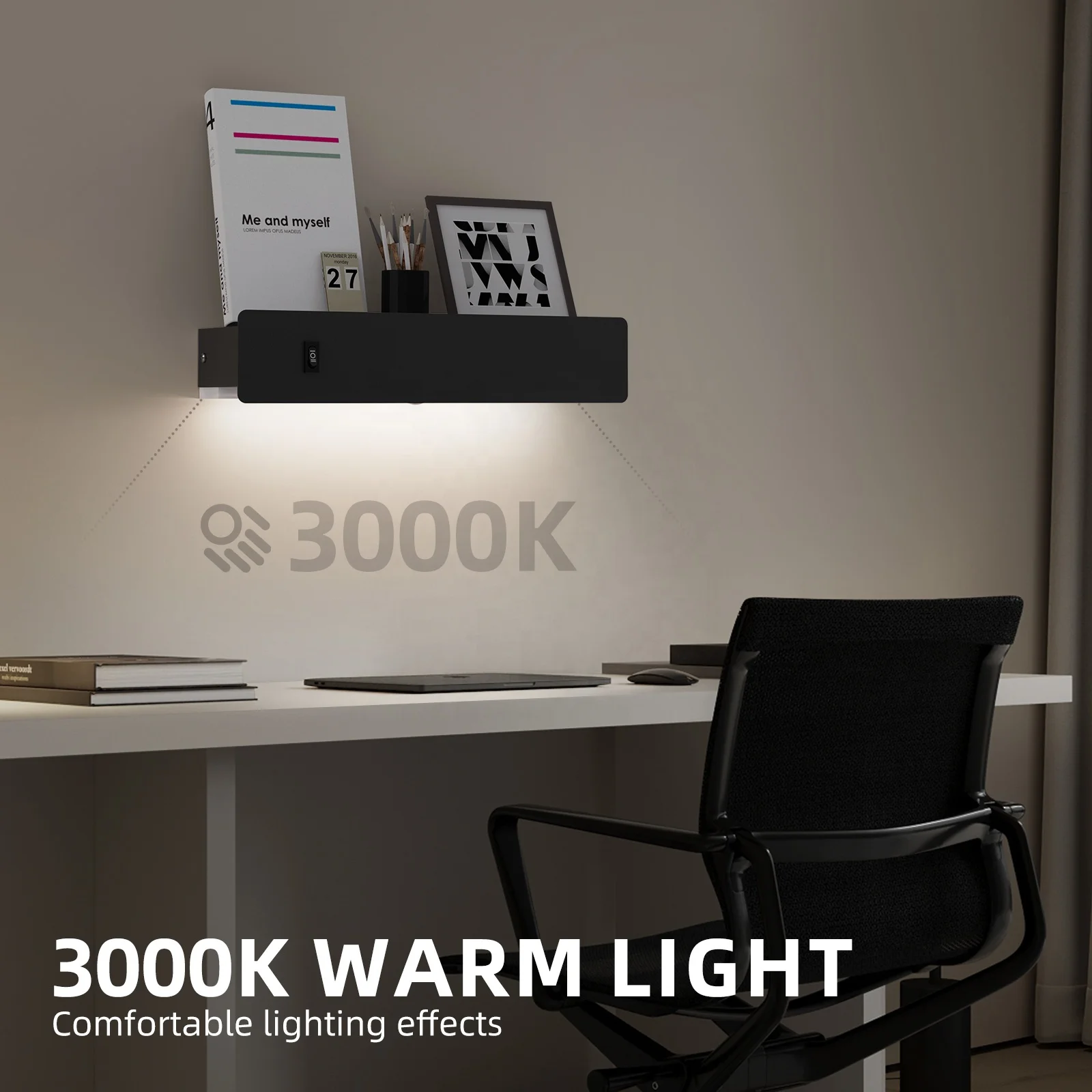 HYMELA M12 Modern LED Wall Sconces w/ Shelf 2 In 1 Hardwired/ Plug In Motion Sensor Dimmable Wall Lamp 3000K Wall Mounted Light