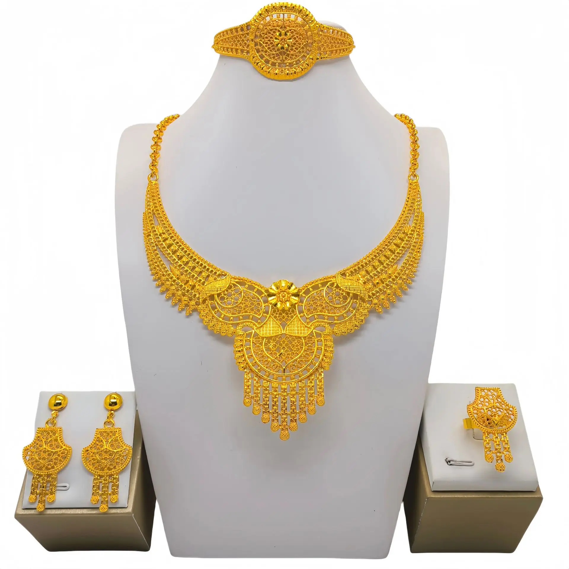 Dubai Luxury Jewelry Set 4 Piece Womens Full 24K Gold Plated necklace earrings bracelet and ring set