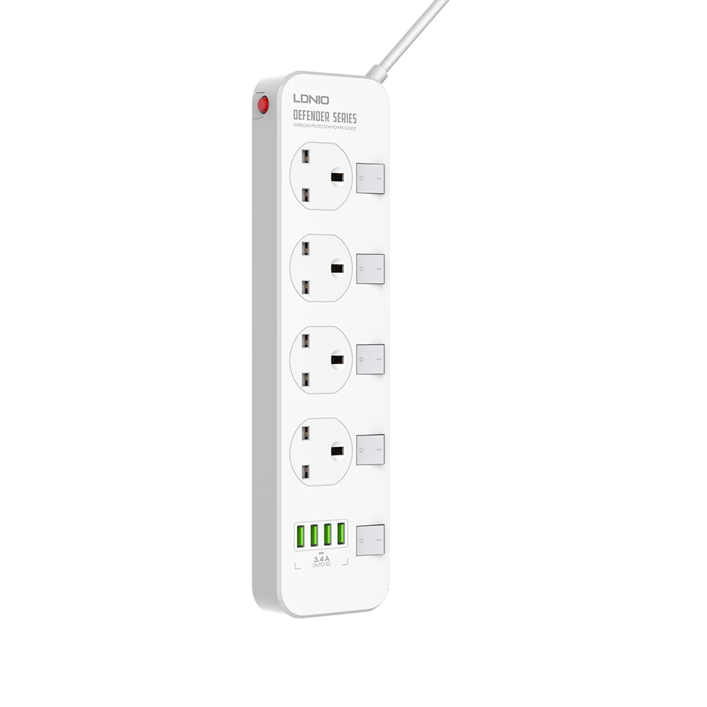 New Trend LDNIO SK4466 UK Plug and Sockets Custom Surge Protector Charger Extension Power Socket 4 Way Outlet 4 USB Power Strip