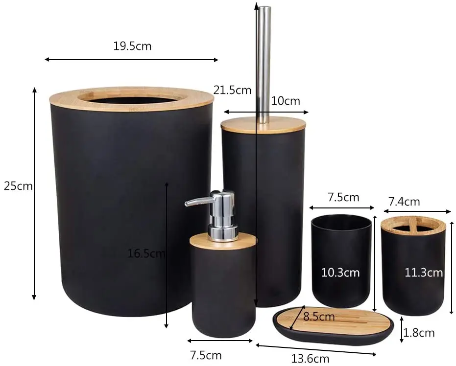 Wholesale 6 Piece Black Bamboo Bathroom Accessories Set For Home Apartment Dormitory